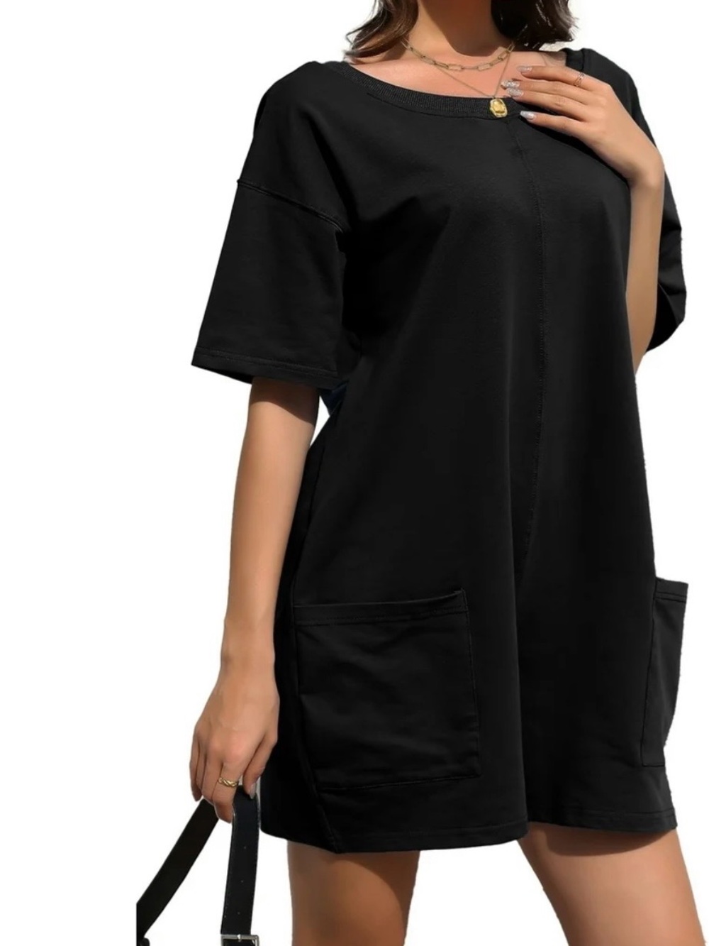Women's Black Short Sleeve Romper with Pockets